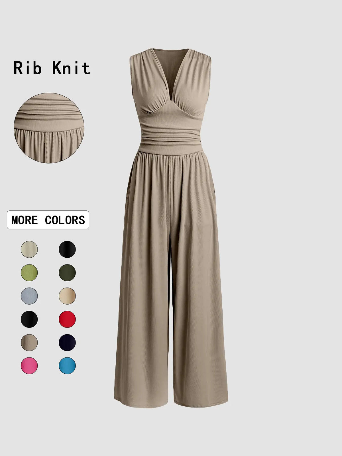 Women's Plain Ruched Deep V Neck Wide Leg Jumpsuit, Sleeveless Ribbed Jumpsuit for Daily Wear, Ladies Clothes for All Seasons, Casual Basic Jumpsuit