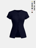Women's Solid Color Button Tee, Casual Short Sleeve Round Neck T-shirt for Daily Wear, Ladies Clothes for All Seasons