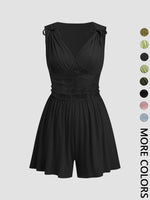 Women's Plain Ruched Deep V Neck Tank Romper, Elegant Sleeveless Romper For Summer, Fashion Casual Ladies Clothes For Daily Wear
