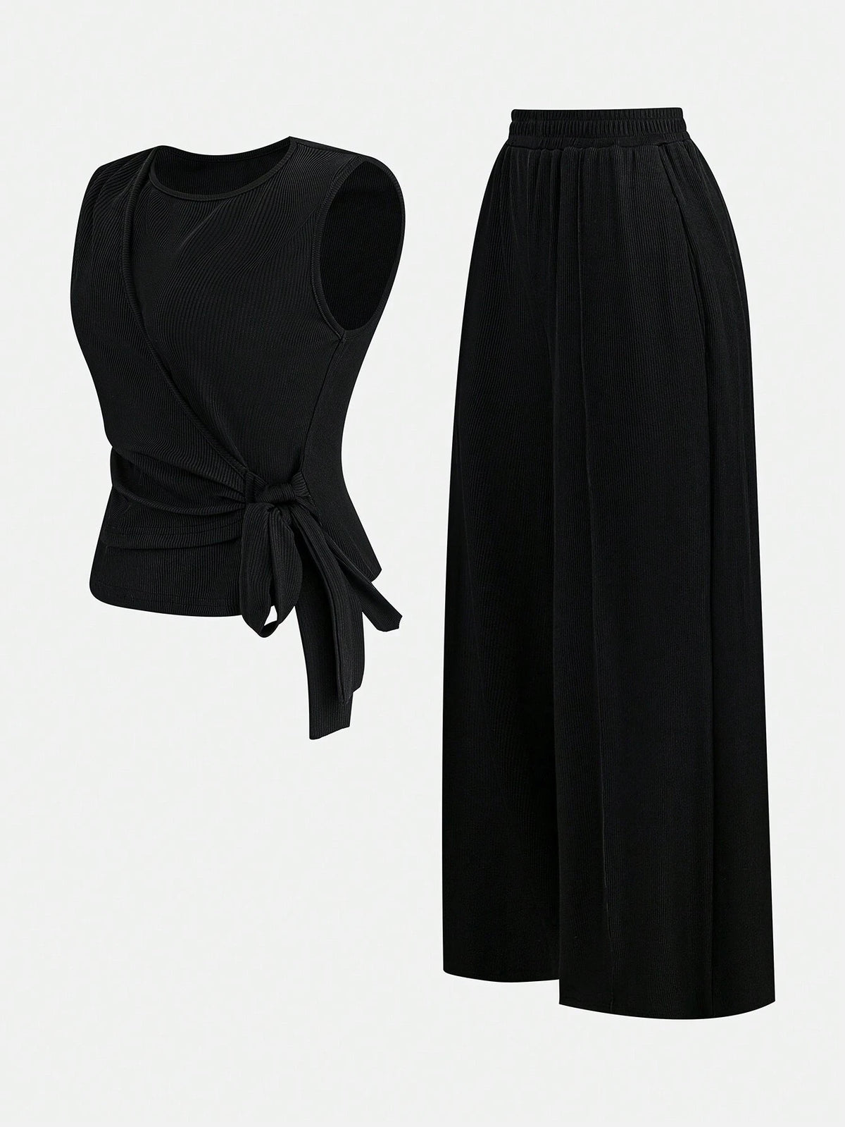 2pcs Set Women Solid Color Side Tie Tank Top And Wide Leg Pants Suit