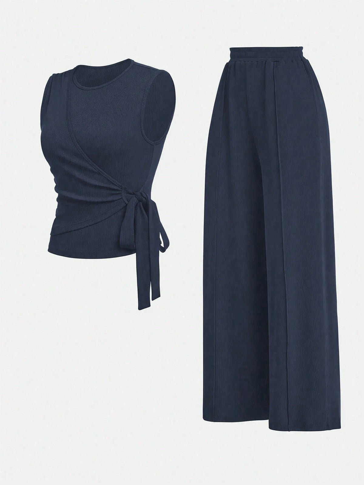 2pcs Set Women Solid Color Side Tie Tank Top And Wide Leg Pants Suit