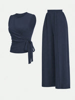 2pcs Set Women Solid Color Side Tie Tank Top And Wide Leg Pants Suit