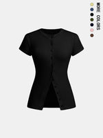 Women's Solid Color Button Tee, Casual Short Sleeve Round Neck T-shirt for Daily Wear, Ladies Clothes for All Seasons