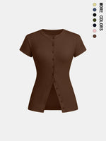 Women's Solid Color Button Tee, Casual Short Sleeve Round Neck T-shirt for Daily Wear, Ladies Clothes for All Seasons