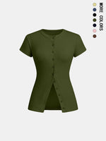Women's Solid Color Button Tee, Casual Short Sleeve Round Neck T-shirt for Daily Wear, Ladies Clothes for All Seasons