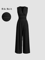 Women's Plain Ruched Deep V Neck Wide Leg Jumpsuit, Sleeveless Ribbed Jumpsuit for Daily Wear, Ladies Clothes for All Seasons, Casual Basic Jumpsuit