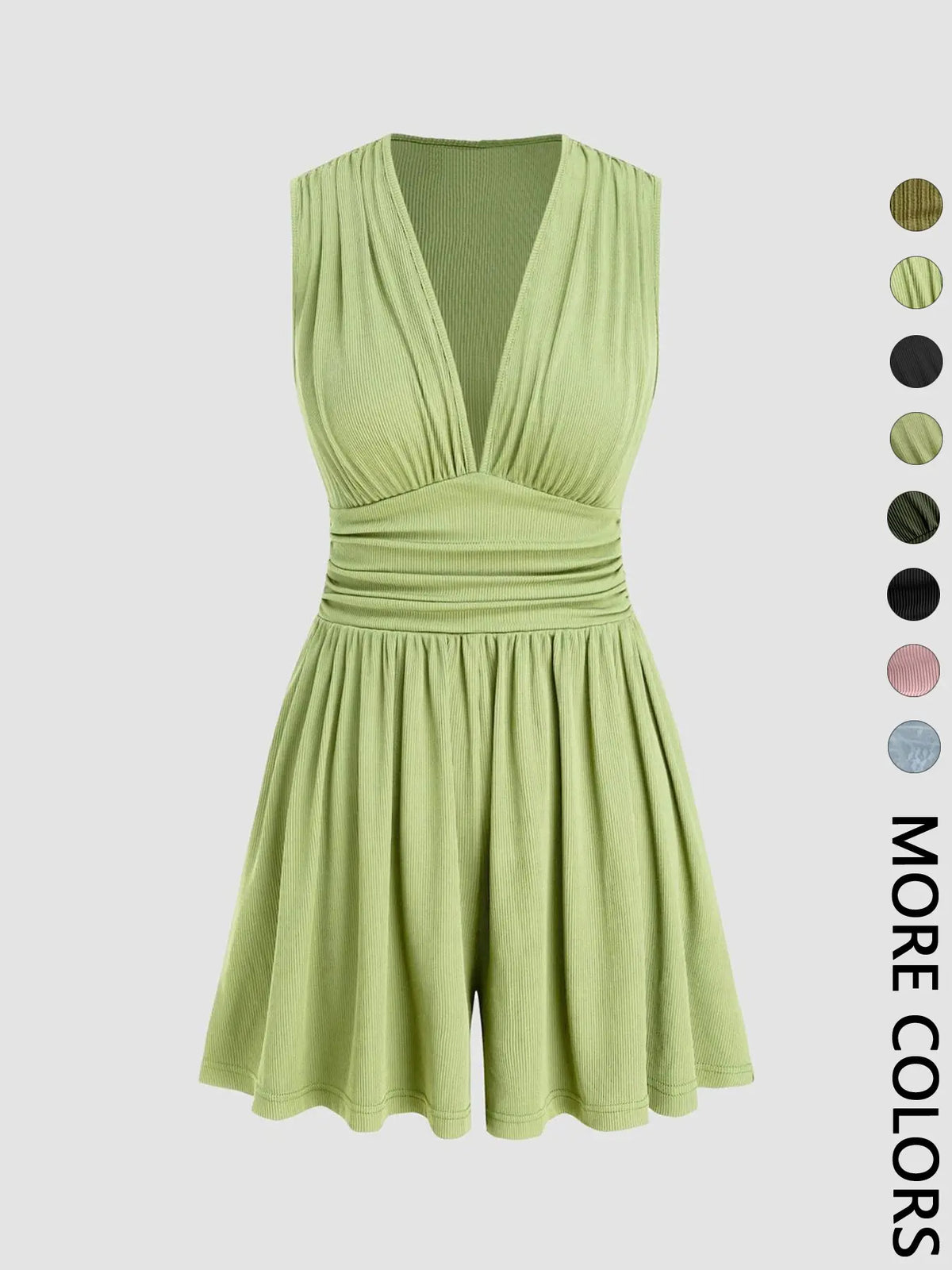 Women's Plain Ruched Deep V Neck Tank Romper, Elegant Sleeveless Romper For Summer, Fashion Casual Ladies Clothes For Daily Wear