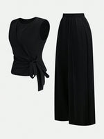 2pcs Set Women Solid Color Side Tie Tank Top And Wide Leg Pants Suit