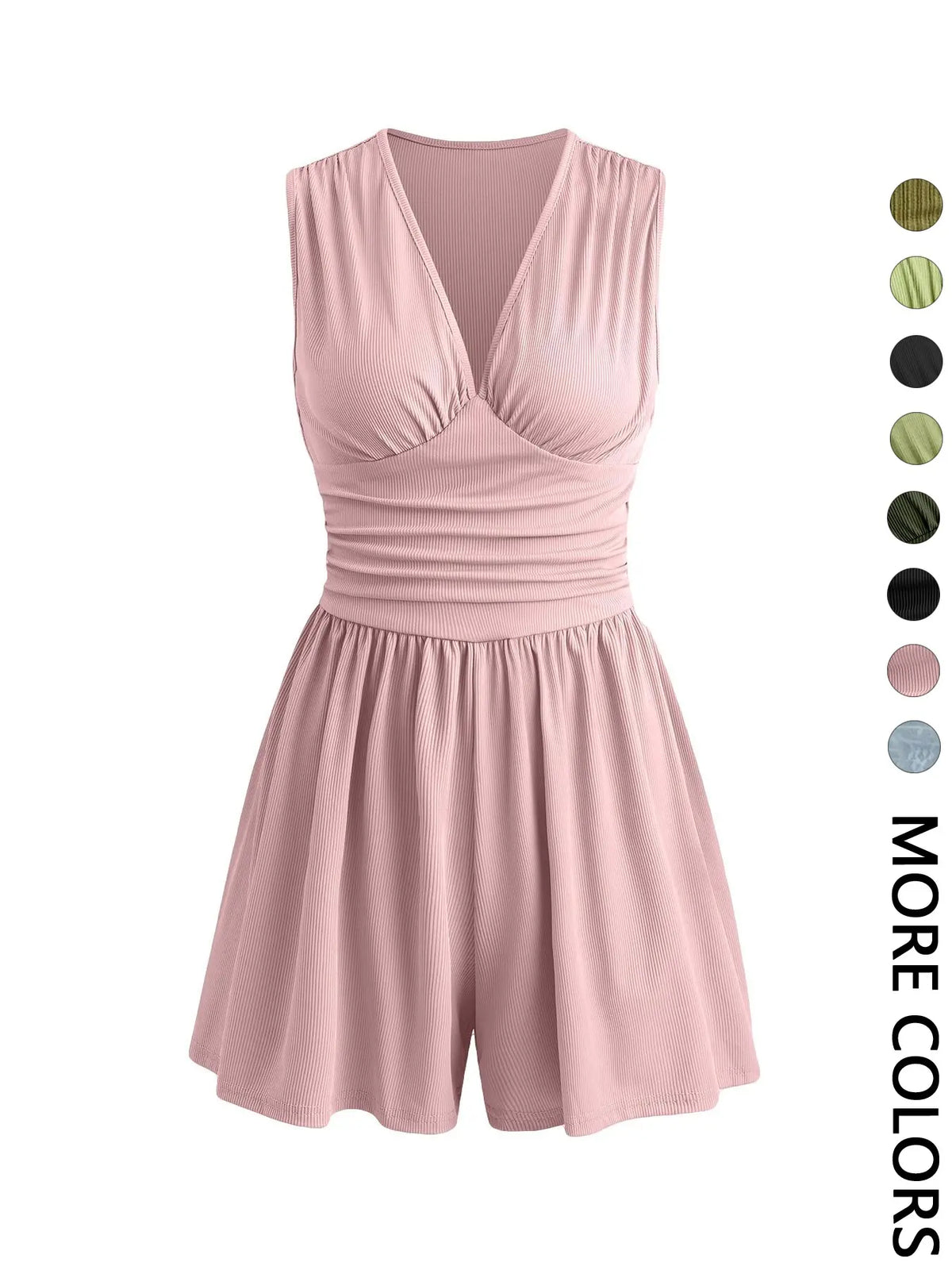 Women's Plain Ruched Deep V Neck Tank Romper, Elegant Sleeveless Romper For Summer, Fashion Casual Ladies Clothes For Daily Wear