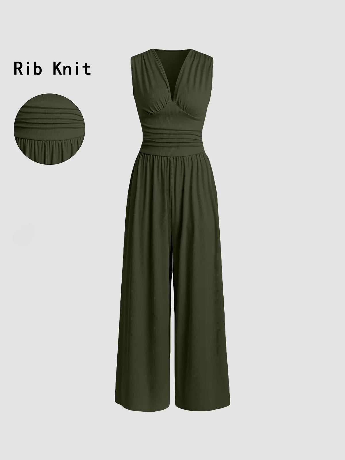 Women's Plain Ruched Deep V Neck Wide Leg Jumpsuit, Sleeveless Ribbed Jumpsuit for Daily Wear, Ladies Clothes for All Seasons, Casual Basic Jumpsuit