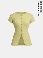 Women's Solid Color Button Tee, Casual Short Sleeve Round Neck T-shirt for Daily Wear, Ladies Clothes for All Seasons