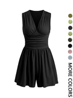 Women's Plain Ruched Deep V Neck Tank Romper, Elegant Sleeveless Romper For Summer, Fashion Casual Ladies Clothes For Daily Wear
